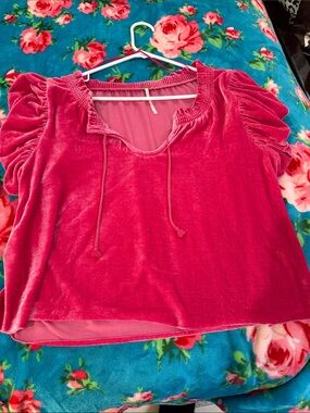 Free People Velvet Puff-Sleeve Top in Bright Pink